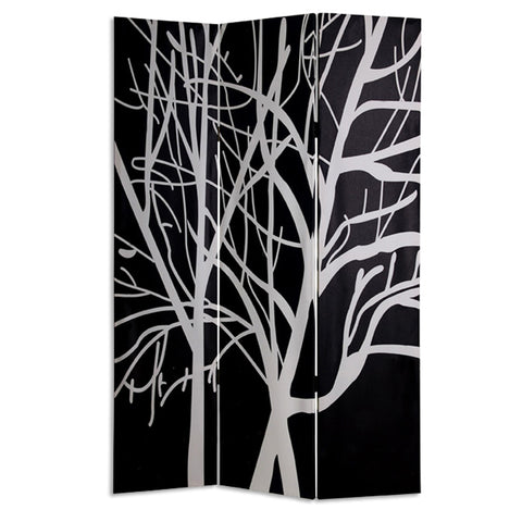 72" Black And White Canvas Folding Three Panel Screen Room Divider