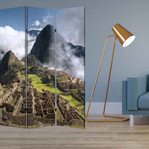 72" Blue And Green Canvas Folding Three Panel Screen Room Divider