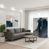 72" Blue And White Canvas Folding Three Panel Screen Room Divider