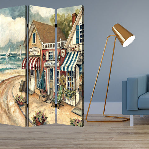 72" Beige Canvas Folding Three Panel Screen Room Divider