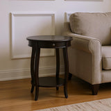 24" Black Wood Round End Table With Drawer And Shelf