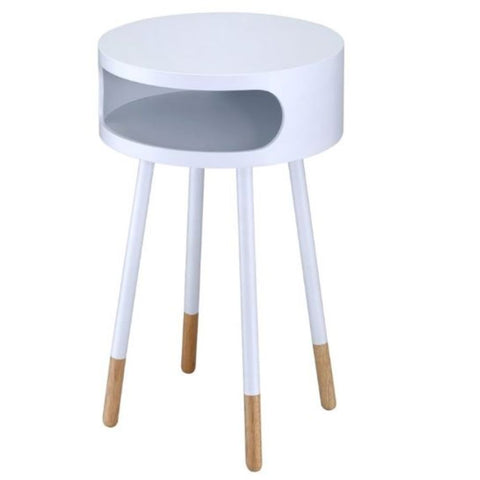 26" White and Natural Solid Wood Round End Table With Shelf