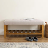 40" Light Gray and Brown Upholstered Polyester Bench with Shelves
