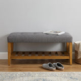 40" Gray and Brown Linen Blend and Solid Wood Upholstered Storage Bench With Shelves