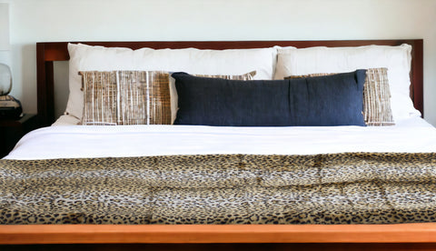 70" X 50" Black Brown And Ivory Leopard Faux Fur Plush Throw Blanket with Embroidery