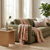 50" X 70" Beige Pink Orange and Green Cotton Kantha Floral Throw Throw Blanket with Embroidery