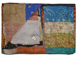 60" X 90" Blue Brown And Green Patchwork Cotton Quilted Kantha Throw Blanket with Embroidery