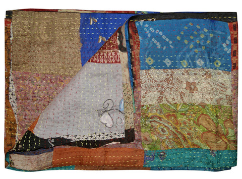 60" X 90" Blue Brown And Green Patchwork Cotton Quilted Kantha Throw Blanket with Embroidery