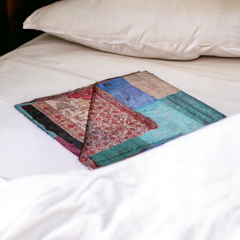 60" X 90" Blue Brown and Green Kantha Cotton Patchwork Throw Blanket with Embroidery