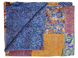 60" X 90" Blue and Yellow Kantha Cotton Patchwork Throw Blanket with Embroidery