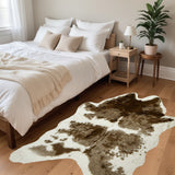 4' X 5' Brown And White Faux Fur Animal Print Washable Area Rug