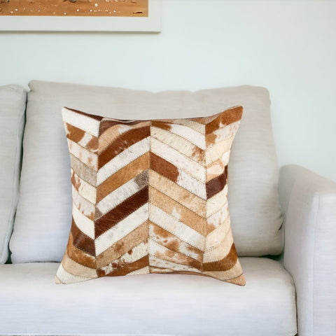 18" Brown And White Cowhide Throw Pillow