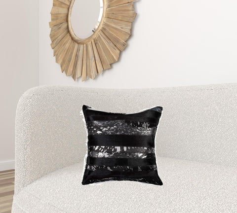 18" Black And Silver Striped Cowhide Throw Pillow
