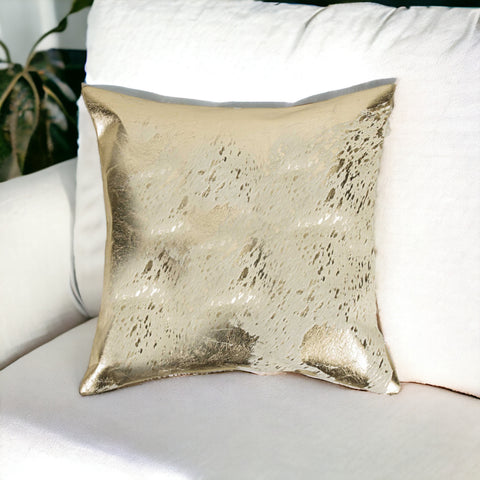 18" Beige And Gold Cowhide Throw Pillow