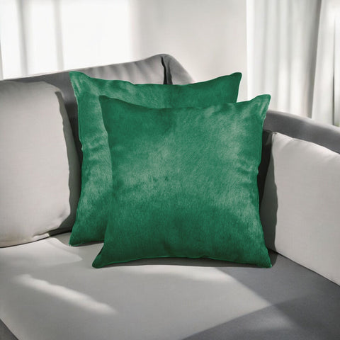 Set of Two 18" Green Cowhide Throw Pillows