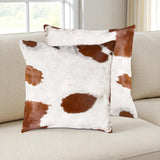 Set of Two 18" Brown And White Cowhide Throw Pillows