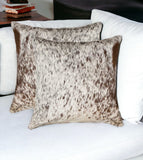 Set of Two 18" Brown and White Cowhide Throw Pillows