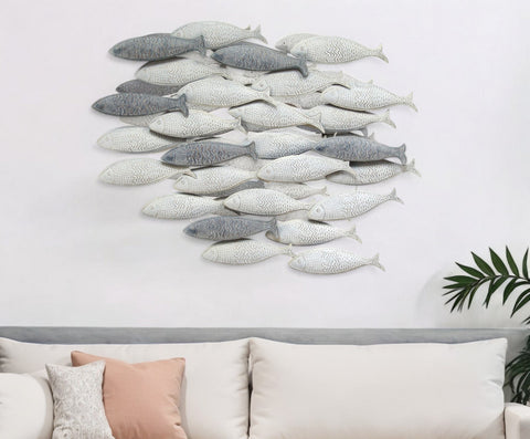 37" Gray And Antiqued White Metal School Of Fish Hanging Dimensional Sculpture