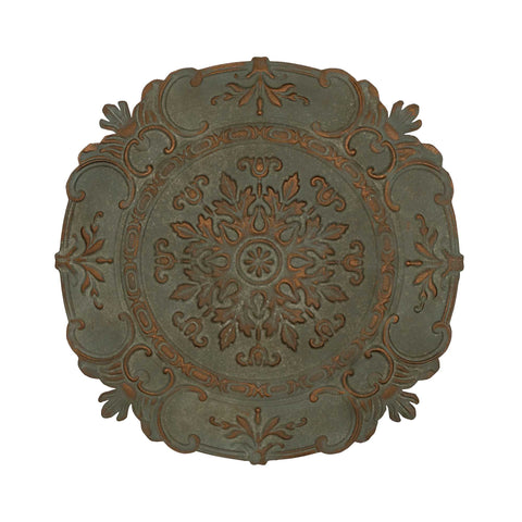 31" Distressed Green European Medallion Metal Wall Decor