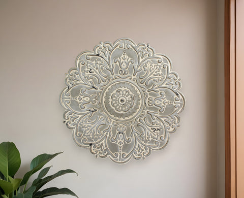 13" White Medallion Distressed Metal Wall Decor