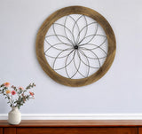 26" Light Brown Wood And Metal Circle Flower Hanging Dimensional Sculpture