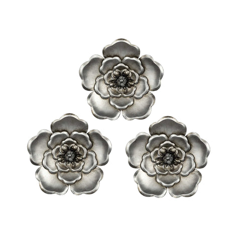 Set of Three Silver Metal Wall Flowers Hanging Dimensional Sculptures
