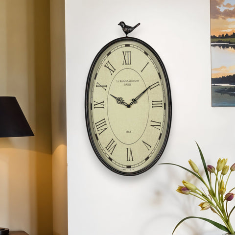 11" Oval Distressed Gunmetal Bird Analog Wall Clock