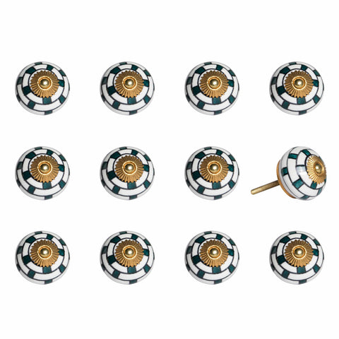 Set of Twelve White Teal And Gold Geometric Ceramic Drawer Pull Knobs