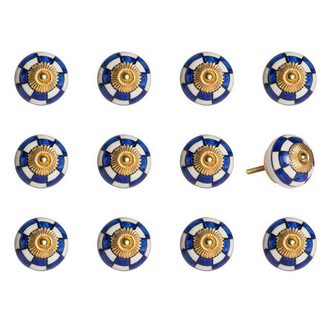 Set of Twelve Blue White And Gold Geometric Ceramic Drawer Pull Knobs