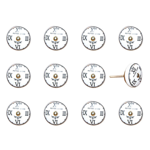 Set of Twelve Black White And Gold Clock Face Ceramic Drawer Pull Knobs