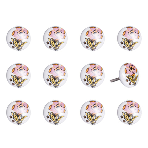 Set of Twelve Pink And White Floral Ceramic Drawer Pull Knobs