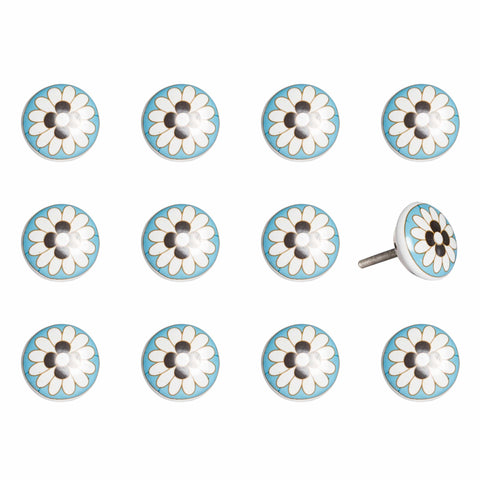 Set of Twelve Sky Blue And White Floral Ceramic Drawer Pull Knobs