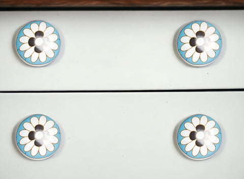 Set of Twelve Sky Blue And White Floral Ceramic Drawer Pull Knobs