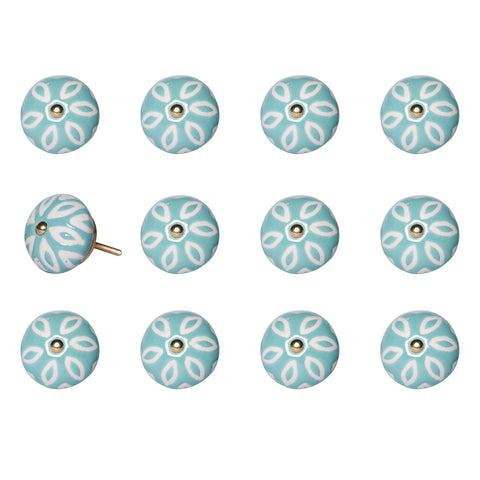 Set of Twelve Aqua And White Geometric Ceramic Drawer Pull Knobs