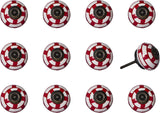 Set of Twelve Red And White Geometric Ceramic Drawer Pull Knobs