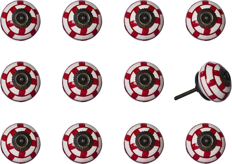 Set of Twelve Red And White Geometric Ceramic Drawer Pull Knobs
