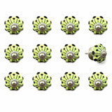 Set of Twelve Yellow Green And Silver Floral Ceramic Drawer Pull Knobs