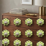Set of Twelve Yellow Green And Silver Floral Ceramic Drawer Pull Knobs