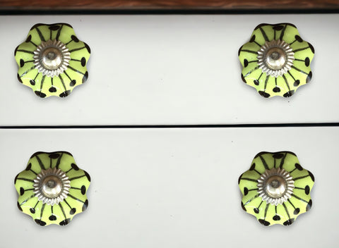 Set of Twelve Yellow Green And Silver Floral Ceramic Drawer Pull Knobs