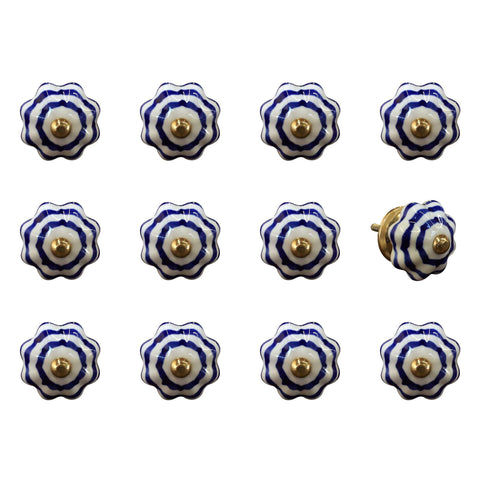 Set of Twelve Blue White And Copper Floral Ceramic Drawer Pull Knobs