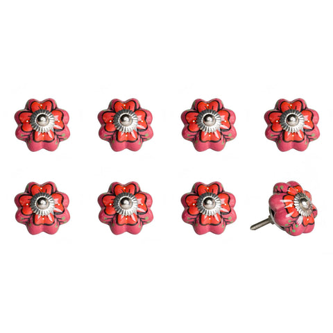 Set of Eight Red Pink And Green Floral Ceramic Drawer Pull Knobs