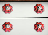 Set of Eight Red Pink And Green Floral Ceramic Drawer Pull Knobs
