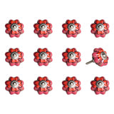 Set of Twelve Red Pink And Green Floral Ceramic Drawer Pull Knobs