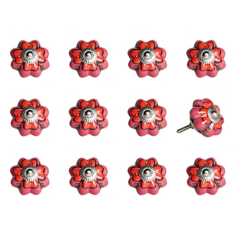 Set of Twelve Red Pink And Green Floral Ceramic Drawer Pull Knobs