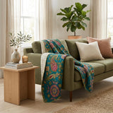 50" X 70" Green and Pink Kantha Cotton Paisley Throw Blanket with Embroidery