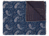 50" X 70" Blue and Gray Kantha Cotton Paisley Throw Blanket with Embroidery