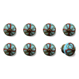 Set of Eight Turquoise And Red Geometric Ceramic Drawer Pull Knobs