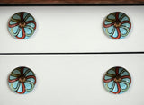 Set of Eight Turquoise And Red Geometric Ceramic Drawer Pull Knobs