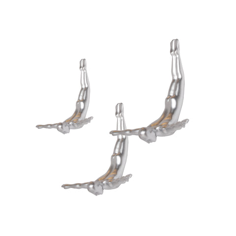 Set of Three Silver Resin Diving Man Hanging Dimensional Sculpture