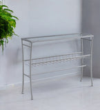 42" Clear and Silver Glass and Metal Console Table With Shelf